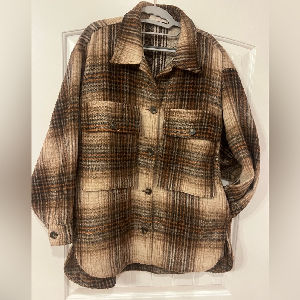 Women's Plaid Button-Up Shacket Jacket - Brown Cream
